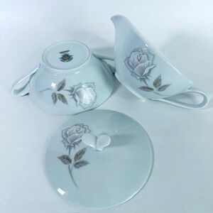 Noritake Edenrose Sugar Bowl w/ Lid & Creamer Set Gray/Pink/White Roses VTG